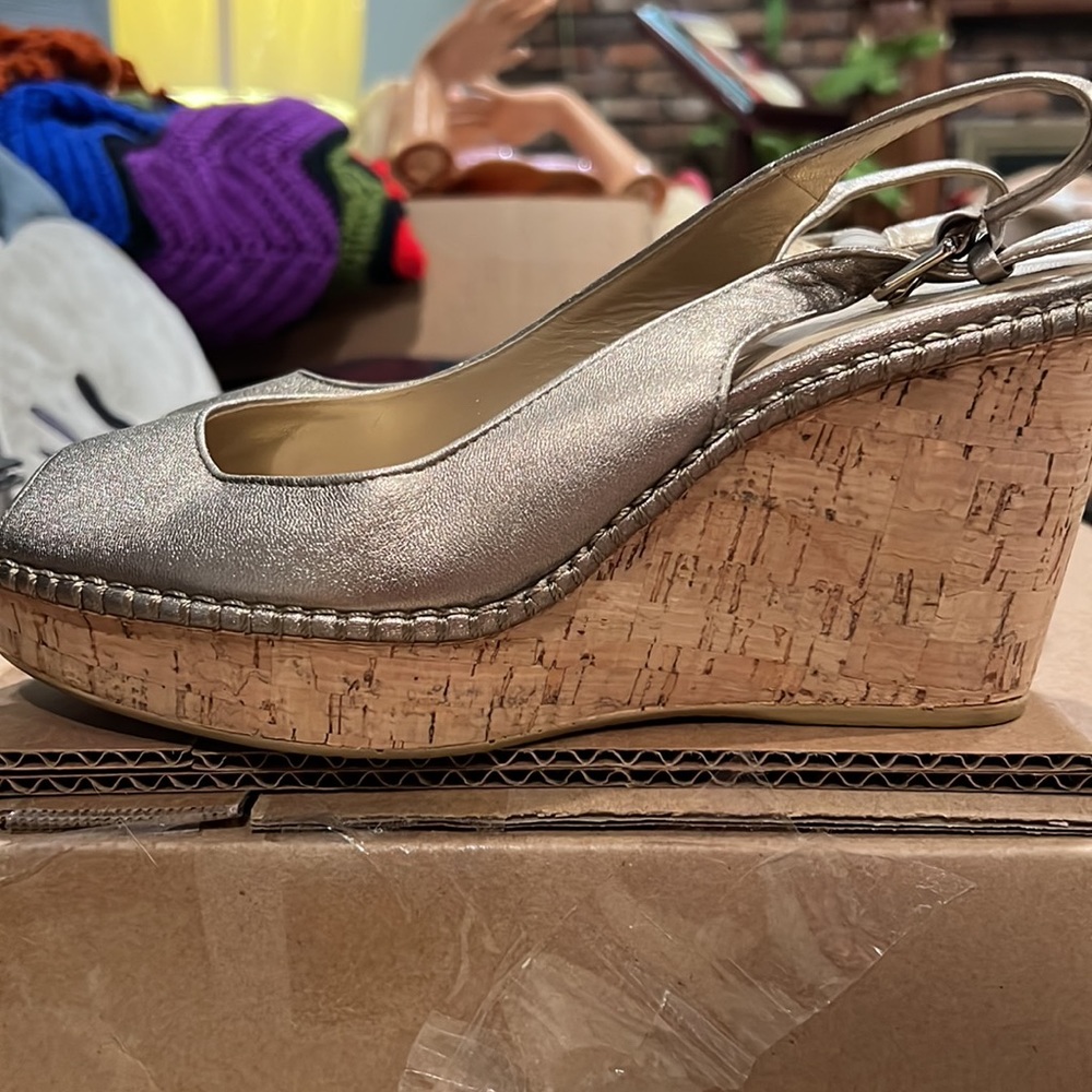 Stuart Weizmann Gold Riviera Cork Wedge Heel Shoe - image 2